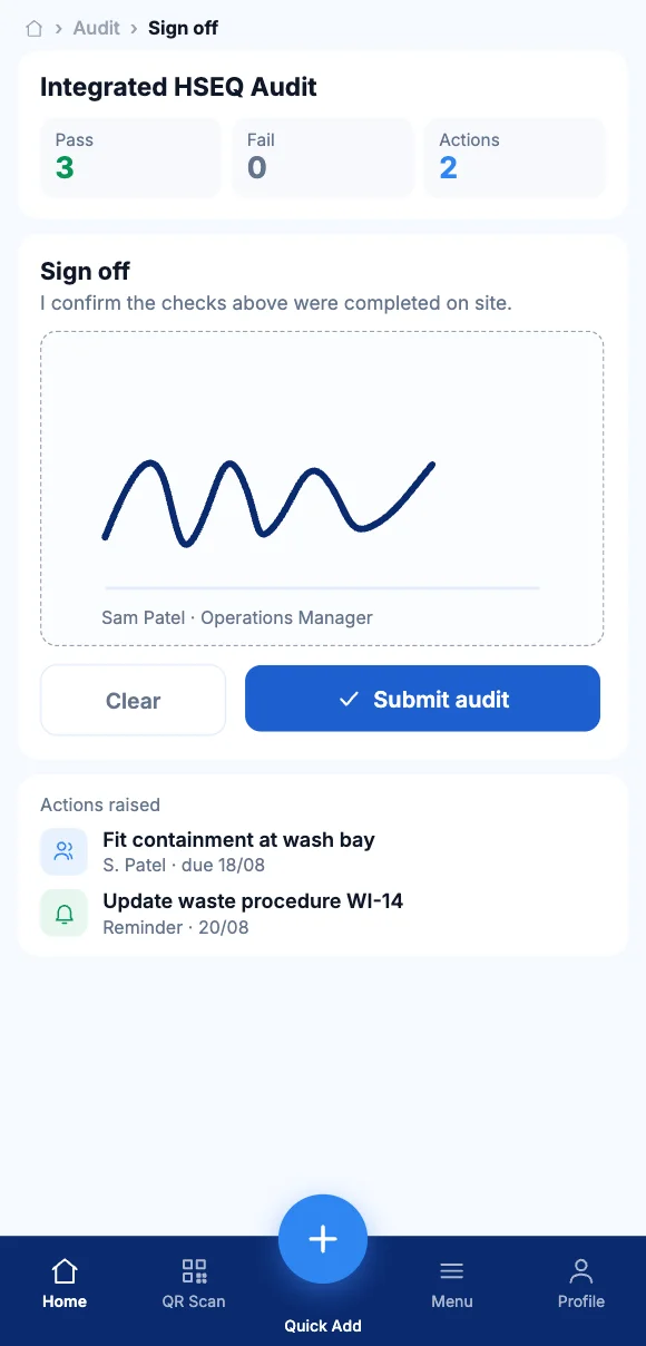 Signing off a completed audit on Teammate App mobile