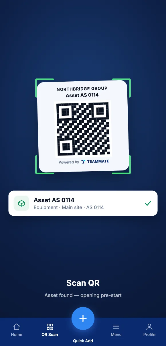 Scanning an asset QR code in Teammate App